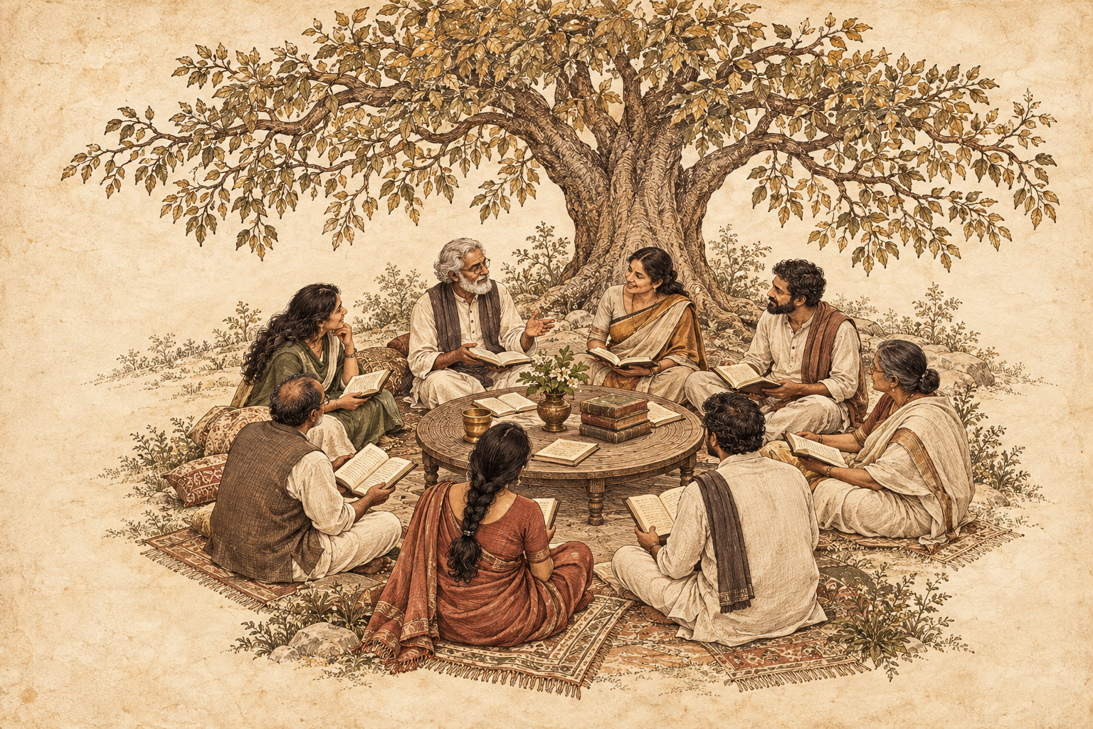 Original sepia illustration of readers exchanging books beneath a tree