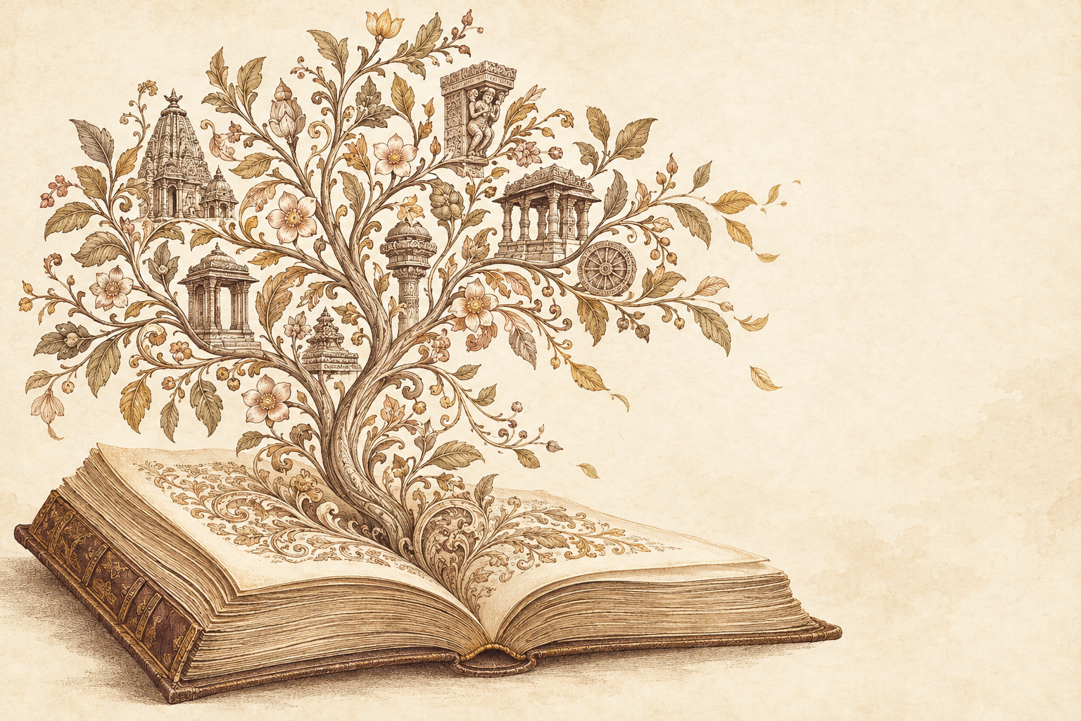 Original sepia illustration of a branching archive growing from an open book