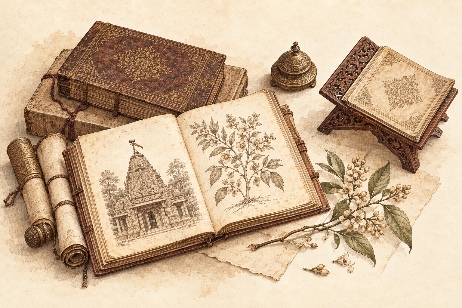 Original sepia illustration of bound manuscripts, an open folio and a reading stand