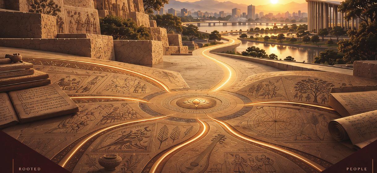 Brochure illustration of a golden path connecting ancient knowledge with a modern city