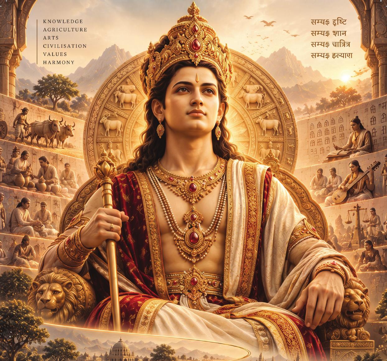 Illustration of Raja Rushabh surrounded by the arts and knowledge of Indian civilisation