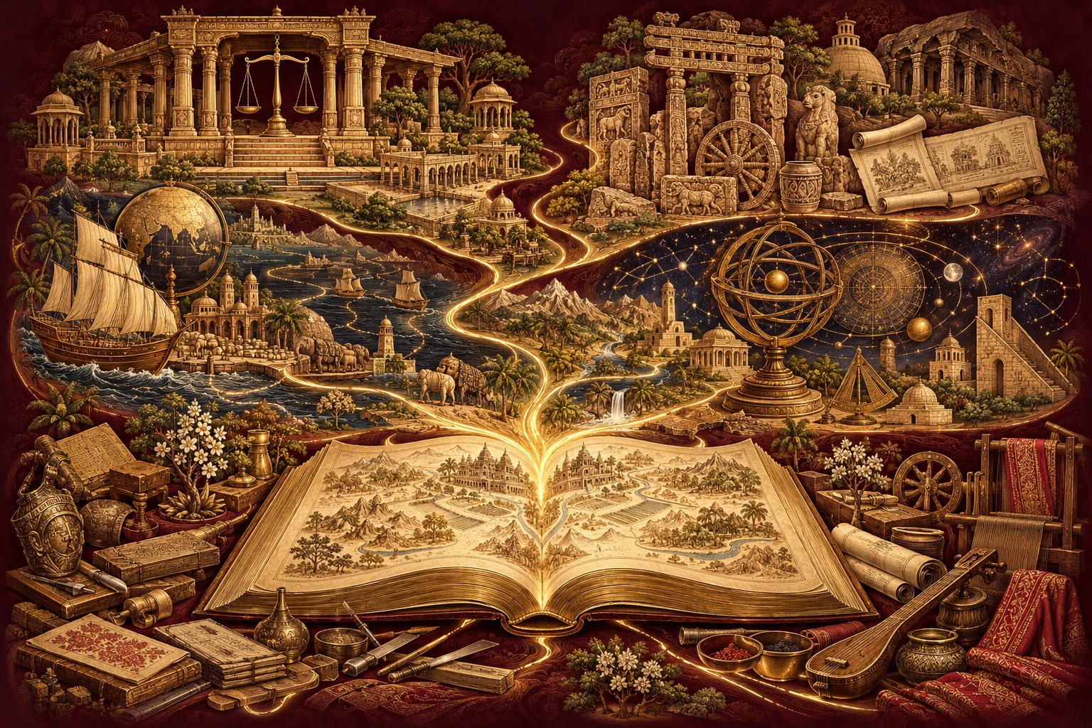 An illustrated open manuscript unfolds into civic pavilions, archaeological fragments, trading routes, astronomy and traditional crafts.